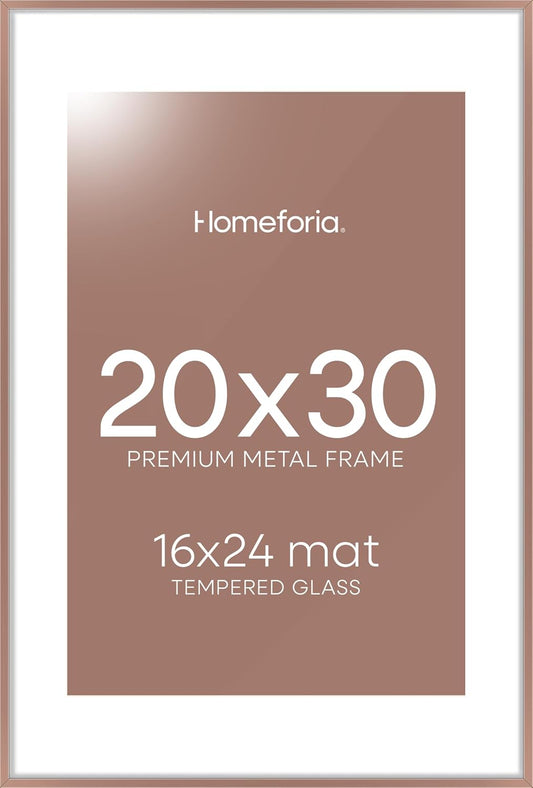 Homeforia 20x30 Poster Frame Mocha, High End Metal 20 x 30 Picture Frames with Mat 16 by 24 inch Photo, 30x20 Large Frame for Wall, 20x30 Thin Frame Matted to 16x24, Tempered Glass, Wall Kit, Set of 1