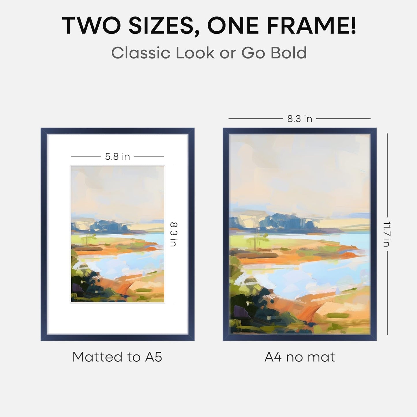 Homeforia A4 Picture Frame Navy Blue, High End Metal 8.3 x 11.7 inch Poster Frames with Mat 5.8 by 8.3 Art, A4 Size Frames Matted to A5 Photo, 8.3x11.7 Wall or Tabletop Frame, Tempered Glass, Set of 2