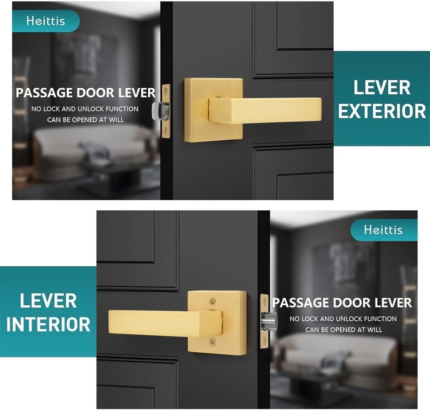 2 Pack Heavy Passage Door Handle Stain Brass Keyless Square Door Lever with Modern Contemporary Design for Hallway or Closet
