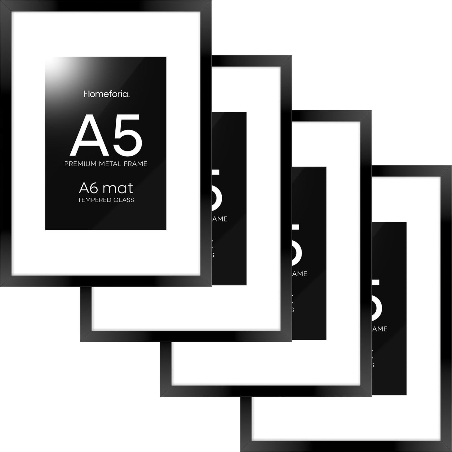 Homeforia A5 Picture Frame Black, High End Metal 5.8x8.3 Frames Matted to 4.1x5.8 Print, A5 Photo Frame with Mat A6, 5.8 x 8.3 Poster Frame, 8.3x5.8 Display Frames, Tempered Glass, Wall Kit, Set of 4