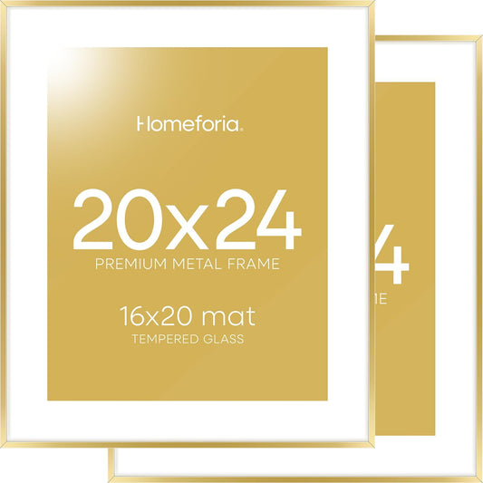 Homeforia 20x24 Picture Frame Gold, High End Metal 24x20 Frames for Wall, 20x24 Gold Frame Matted to 16x20 Print, 20 x 24 Poster Large Frame with Mat 16 by 20 Photo, Tempered Glass, Wall Kit, Set of 2