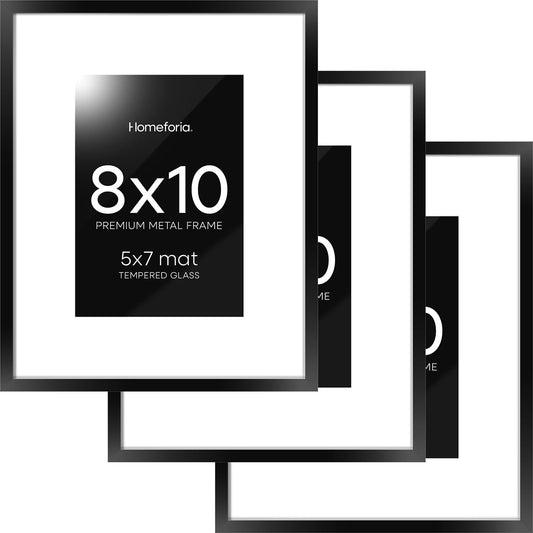Homeforia Black Picture Frames 8x10, High End Metal 8 x 10 Photo Frame with Mat 5 by 7 Art, 10x8 Black Frame Matted to 5x7 inch Print, 8by10 Wall or Tabletop Frames, Tempered Glass, Wall Kit, Set of 3