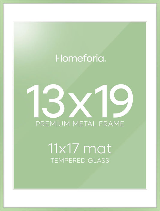 Homeforia 13x19 Picture Frame Sage Green, High End Metal 13x19 Poster Frames with Mat 11x17 inch Photo, 13 x 19 Sage Green Frame Matted to 11 by 17 Art, 19x13 Frame, Tempered Glass, Wall Kit, Set of 1