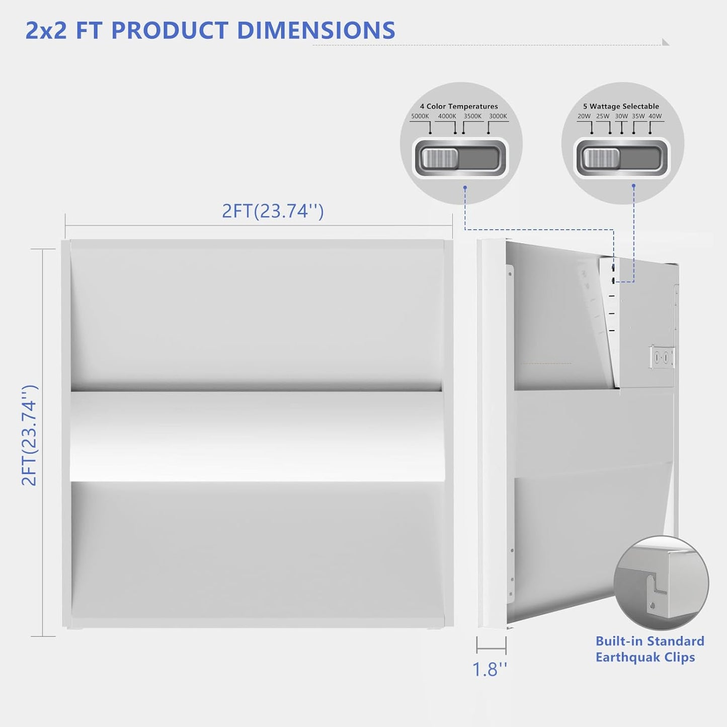 2x2 LED Troffer Light,20/W/25W/30W/35W/40W & 3000K/3500K/4000K/5000K Selectable,5200lm 0-10V Dimmable,ETL DLC Listed,100-277V,for Office & Warehouse 2 Pack