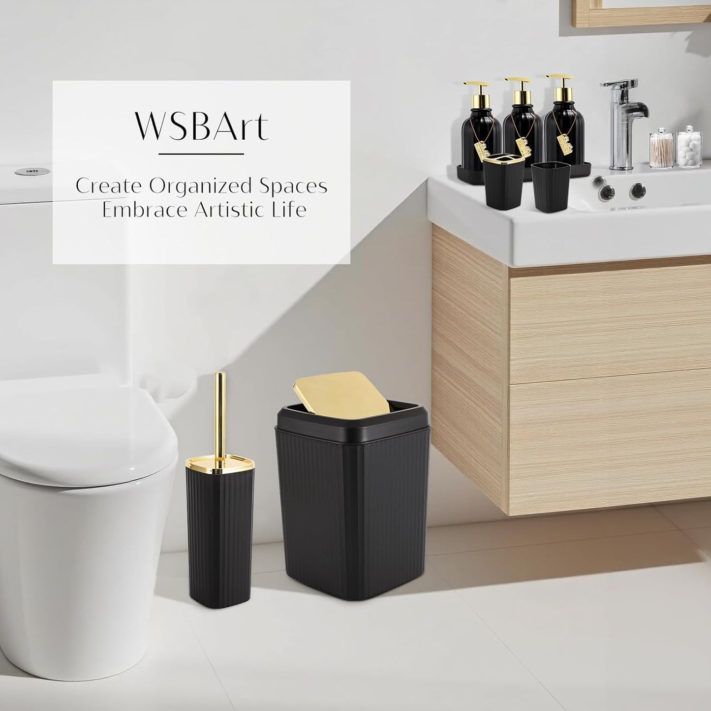 17PCS Bathroom Accessories Bathroom Set Black Bathroom Accessories,Toilet Brush, Trash Can, Qtip Holder Dispenser& 3PCS Soap Dispenser