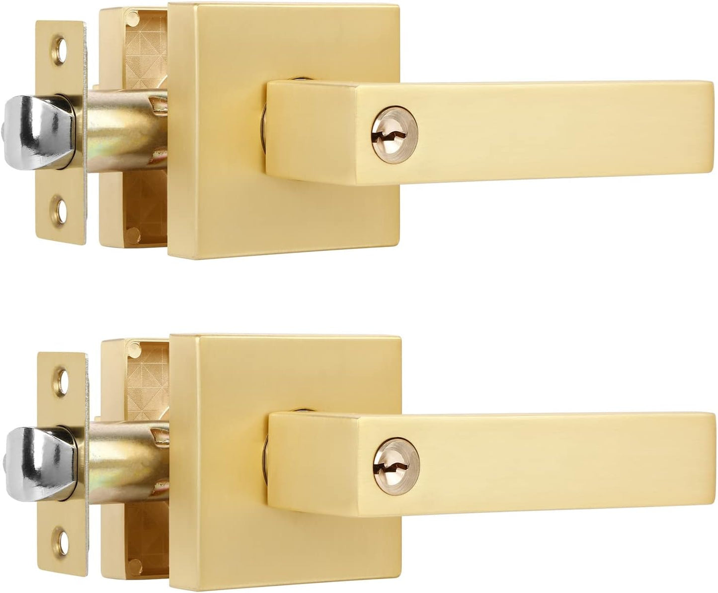 2 Pack Gold Door Handles Interior with Keys(Keyed Alike), Exterior Door Handles Brass Door Knobs, Gold Door Knobs Interior and Locked Inside with Button, Left or Right Handing