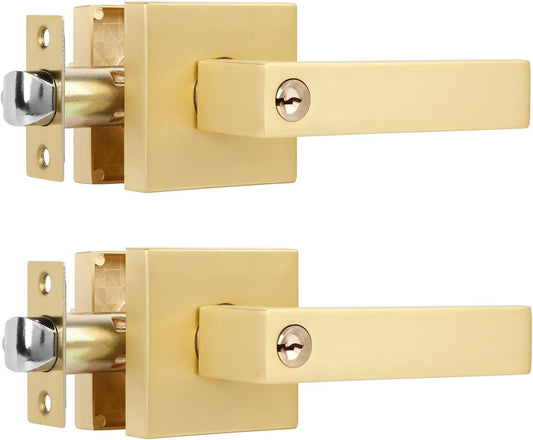 2 Pack Gold Door Handles Interior with Keys(Keyed Alike), Exterior Door Handles Brass Door Knobs, Gold Door Knobs Interior and Locked Inside with Button, Left or Right Handing
