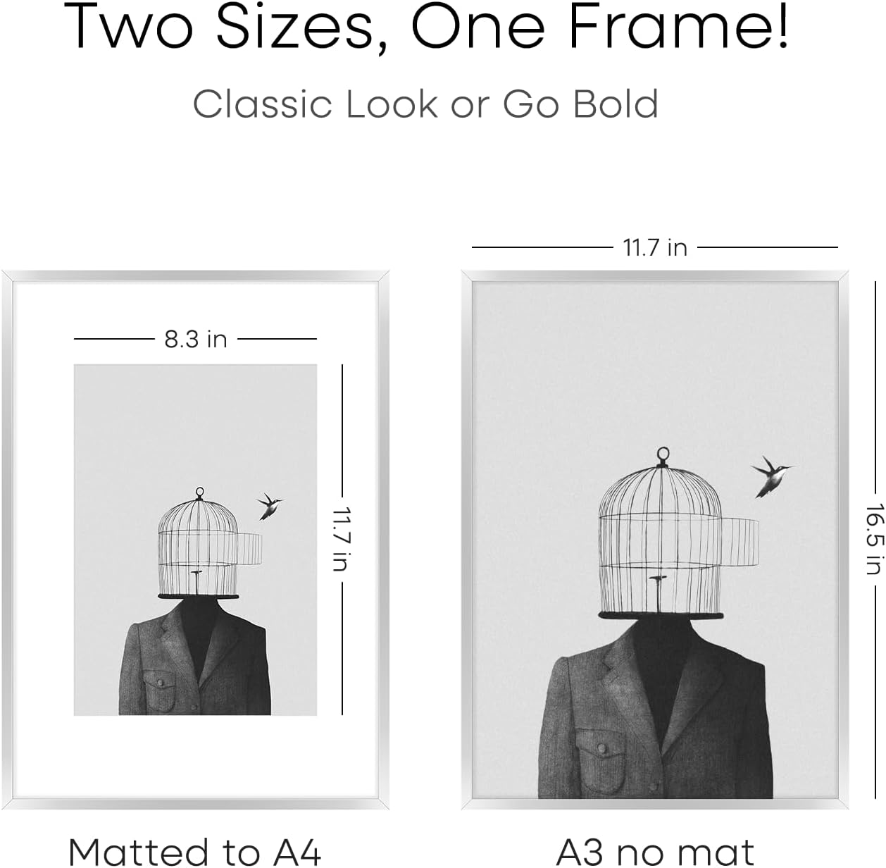 Homeforia A3 Picture Frame Silver, High End Metal 11.7 x 16.5 inch Poster Frames with Mat 8.3 by 11.7 for Photo, A3 Size Frames Matted to A4 Art, 11.7x16.5 Wall Hanging Frame, Tempered Glass, Set of 3