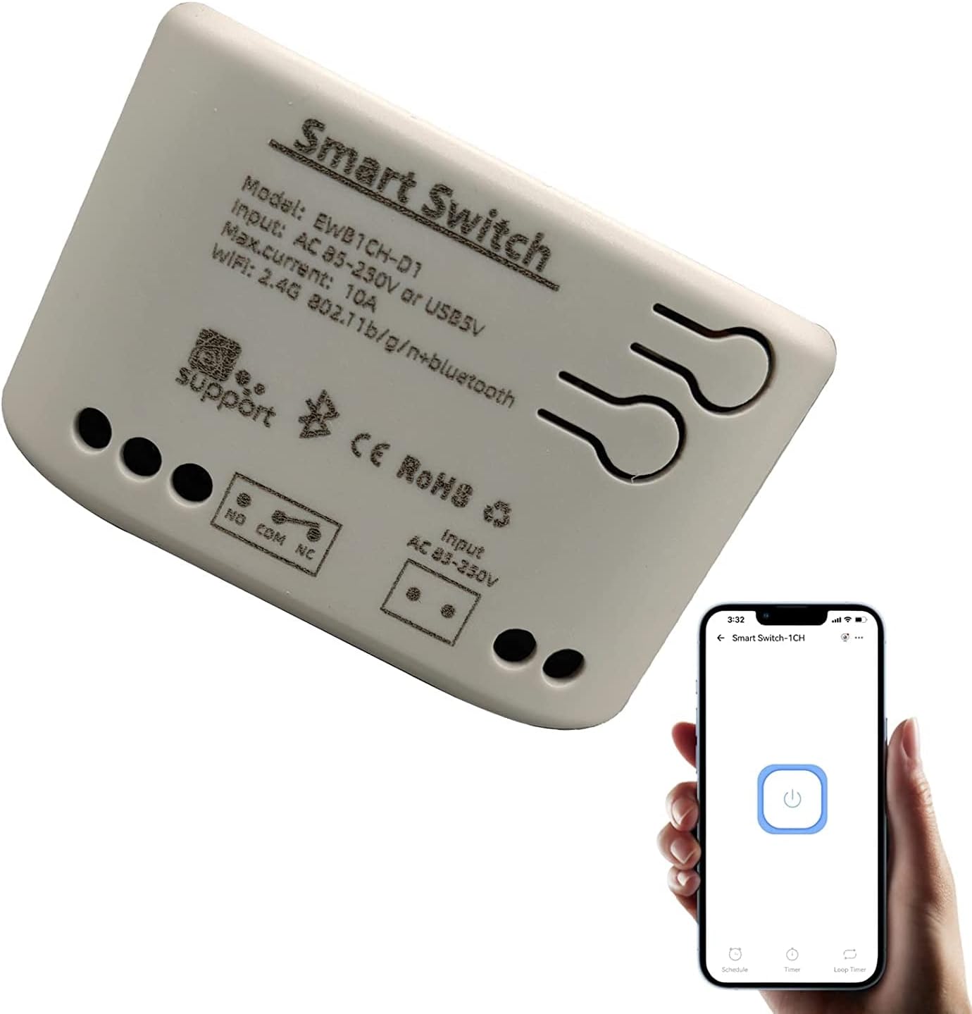 1 Channel Smart WiFi Relay Switching Module USB 5V/AC85V-250V, Supports Bluetooth Control, eWeLink App Remote Control, for Alexa Google Home