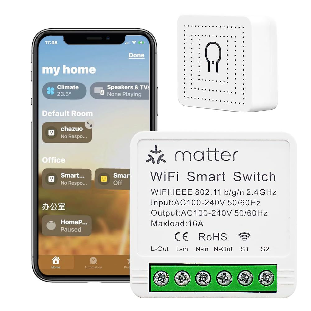 2-Pack Matter Smart Switch 16A Mini WiFi Relay Module,DIY Wireless Light Switch Voice Control with Timer&Schedule for Home Automation,Work with Apple Homekit,Alexa,Google Home,CSA Certified