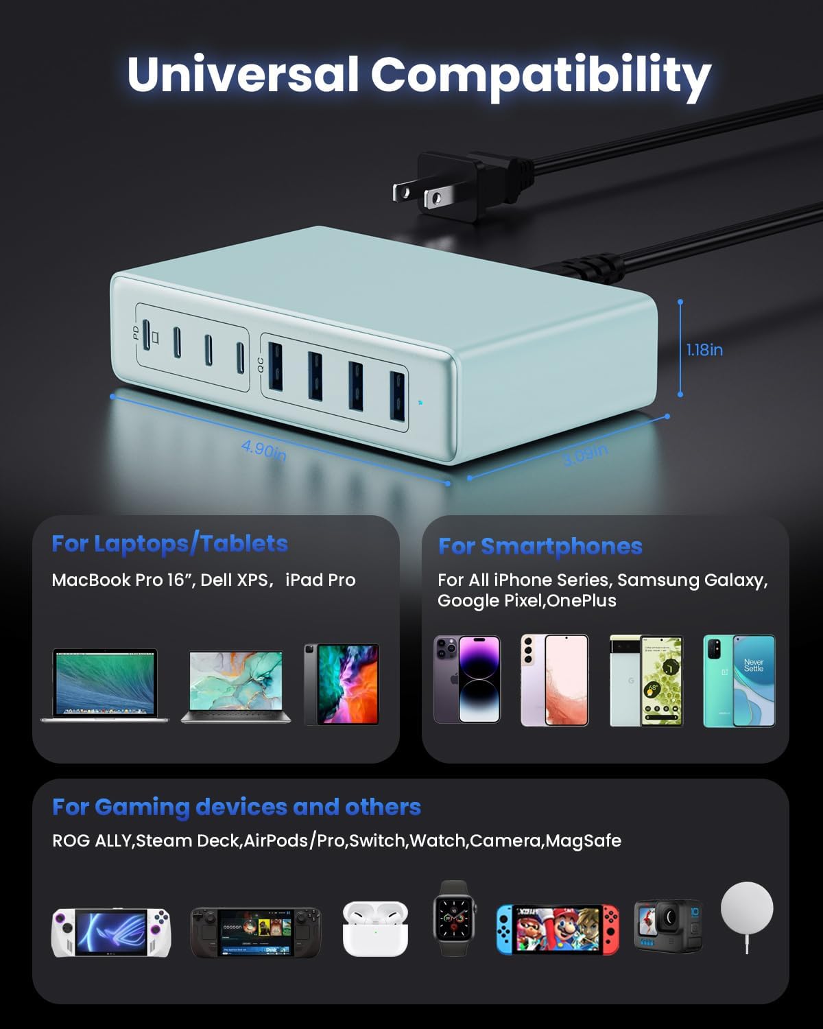 200W USB C Charger Block,GaN IV Charging Station 8 Ports,QC4.0 Fast Charging Station Hub+PD 65W USB C Laptop Charger Adapter Compatible with MacBook Air/Pro,DELL,iPhone 17/16,iPad,Steam Deck-Sky Blue