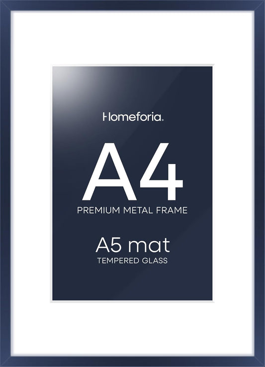 Homeforia A4 Picture Frame Navy Blue, High End Metal 8.3 x 11.7 inch Poster Frames with Mat 5.8 by 8.3 Art, A4 Size Frames Matted to A5 Photo, 8.3x11.7 Wall or Tabletop Frame, Tempered Glass, Set of 1
