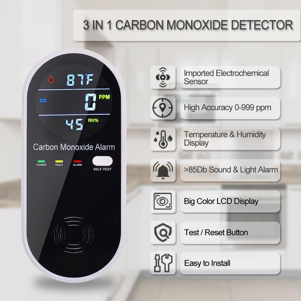 3 in 1 Carbon Monoxide Detector, KH Alert Portable Carbon Monoxide Detectors for Travel, Plug in Carbon Monoxide Detector with Temperature Humidity Sensor Built-in, Easy to Read & Install