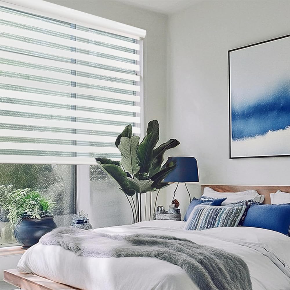 Shadesu Cordless Zebra Blinds for Windows, 21" W x 72" H, White, Dual Layer Free-Stop Zebra Shades, Light Control for Day and Night, Sheer Blinds for Indoor Windows, Bedroom, Kitchen