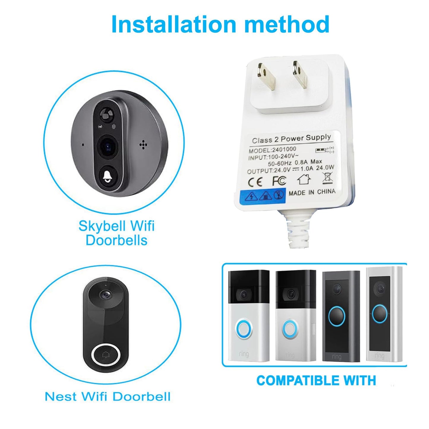 24VDC Video Doorbell Power Adapter, Power Supply Transformer for Ring, Nest, Eufy, Wyze, Arlo, 19.6 ft Cable, White