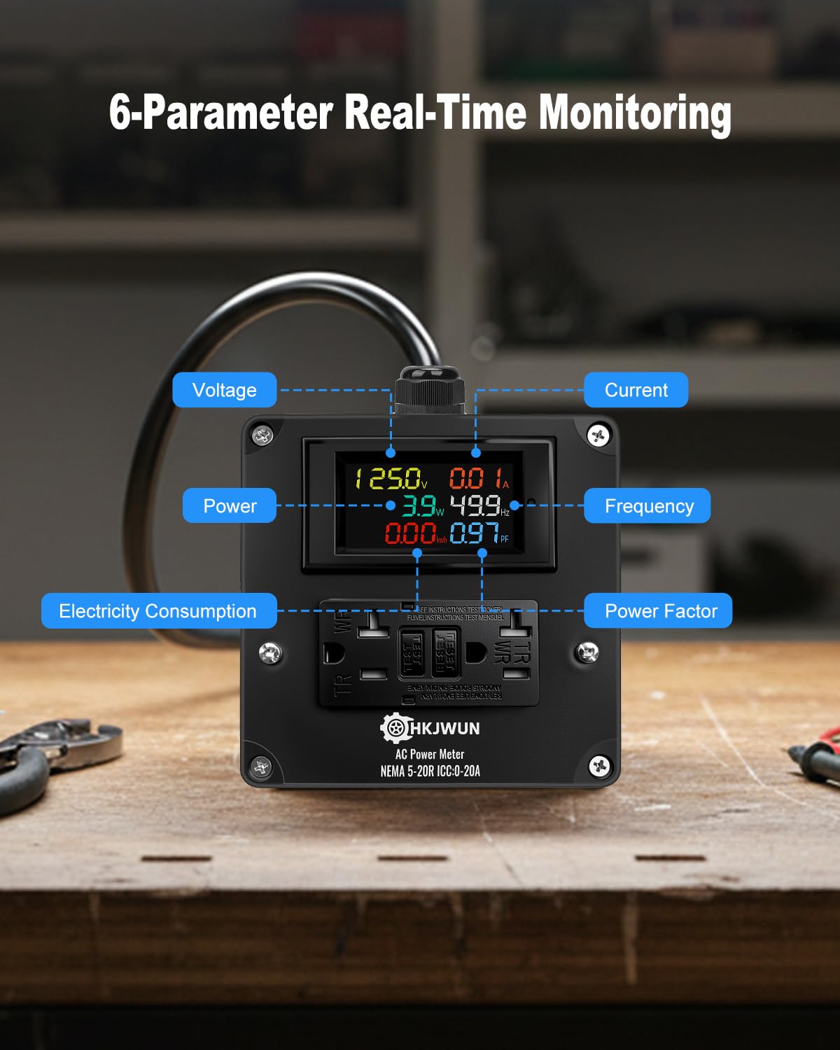 20A AC Power Meter, 125V Outlet Monitor for NEMA 5-15P to 5-20R, Multifunction Energy Monitor, LCD Digital Real-Time Display for Monitoring Voltage Current Power Electricity Consumption Frequency