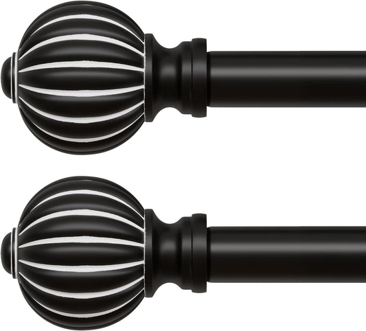 2 Pack Black Curtain Rods for Windows 28 to 48 Inch, 1'' Adjustable Heavy Duty Curtain Rod，Vintage Decorative Drapery Rods with Pumpkin Finials for Bedroom Living Room