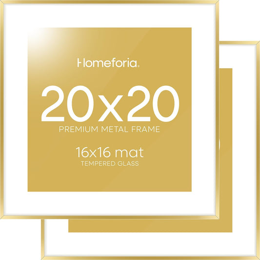 Homeforia 20x20 Picture Frame Gold, High End Metal 20 x 20 Square Poster Frame with Mat 16 x 16 Photo, 20x20 Frame Matted to 16x16 Print, 20by20 Gold Hanging Frames, Tempered Glass, Wall Kit, Set of 2