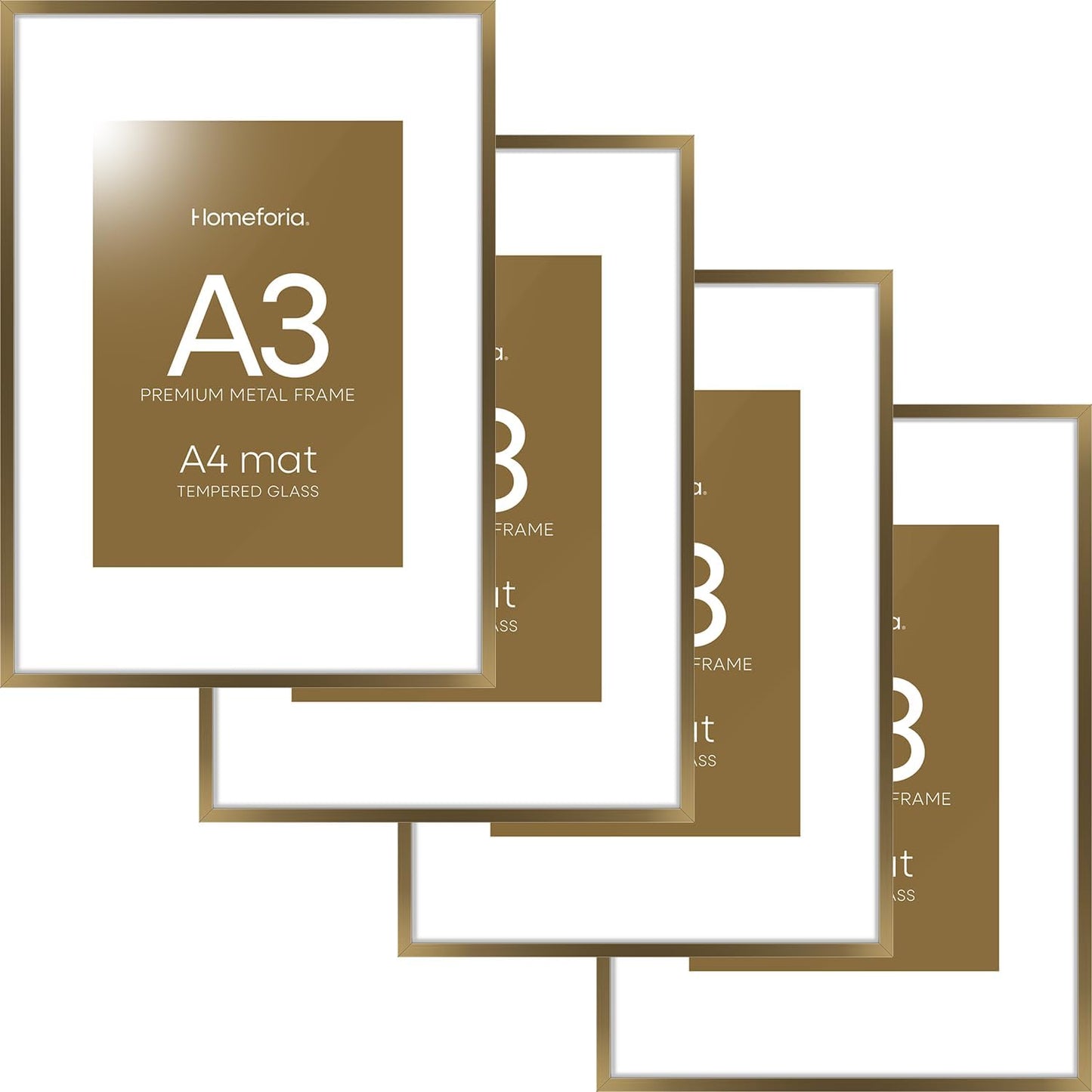 Homeforia A3 Picture Frame Bronze, High End Metal 11.7 x 16.5 inch Brass Poster Frames with Mat 8.3 by 11.7 Print, A3 Size Frames Matted to A4 Photo, 11.7by16.5 Hanging Frame, Tempered Glass, Set of 4