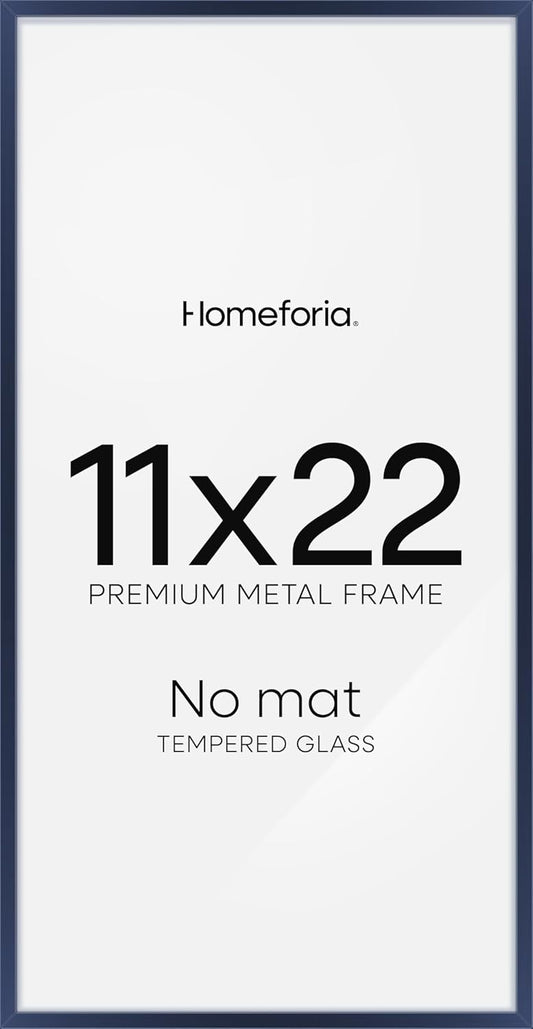 Homeforia 11x22 Newspaper Frame Navy Blue, High End Metal 11 x 22 Picture Frame without Mat, 22x11 Thin Navy Blue Poster Frames for Wall, 11by22 Display Photo Frame, Tempered Glass, Wall Kit, Set of 1