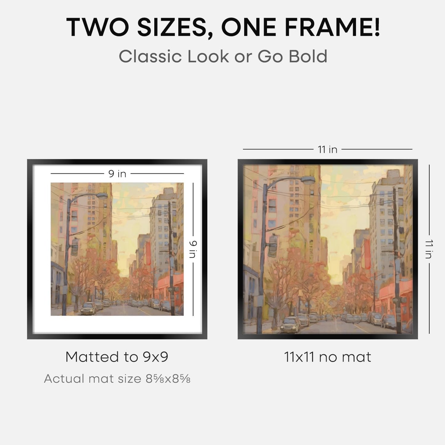 Homeforia 11x11 Picture Frame Black, High End Metal 11 by 11 Square Frames with Mat 9 x 9 Opening, 11by11 Poster Frames Matted to 9x9 inch Photo, Wall Hanging Frame, Tempered Glass, Wall Kit, Set of 4