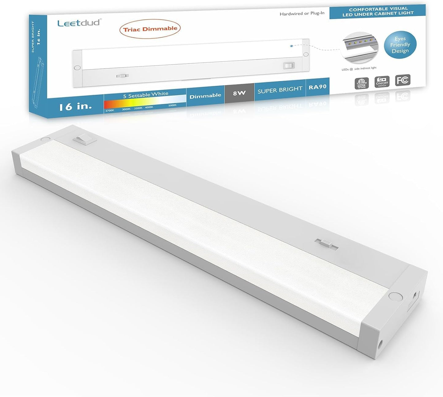 LED Under Cabinet Lighting Hardwired or Plug in, 16 Inch 8W, Dimmable 5 Color 2700K/3000K/3500K/4000K/5000K, Linkable Eyes Care Design Counter Lights for Kitchen, Sink, ETL Listed, White
