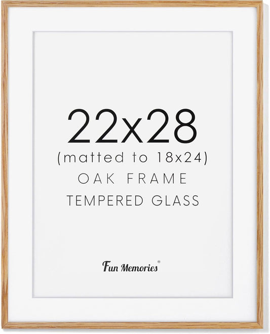 22x28 Picture Frame, 22 x 28 Poster Frame - Solid Oak Wood and Tempered Real Glass, 22"x28" Wood Frame, 22x28 Picture Frame Matted to 18x24, 22 by 28 Art Frame, Natural Oak Color