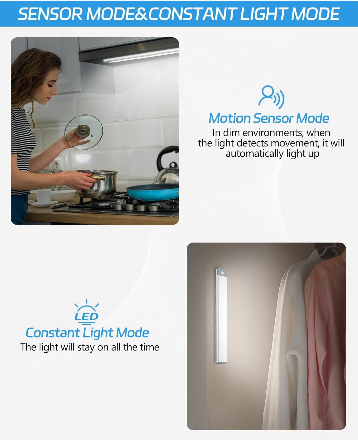 HIBOITEC Motion Sensor Under Counter Lights 2 Pack Rechargeable, 30-LED Wireless Cabinet Lighting Magnetic Self-Adhesive, 180lm Ultra Thin Closet Light for Kitchen, Cupboard, Drawer, Hallway, White