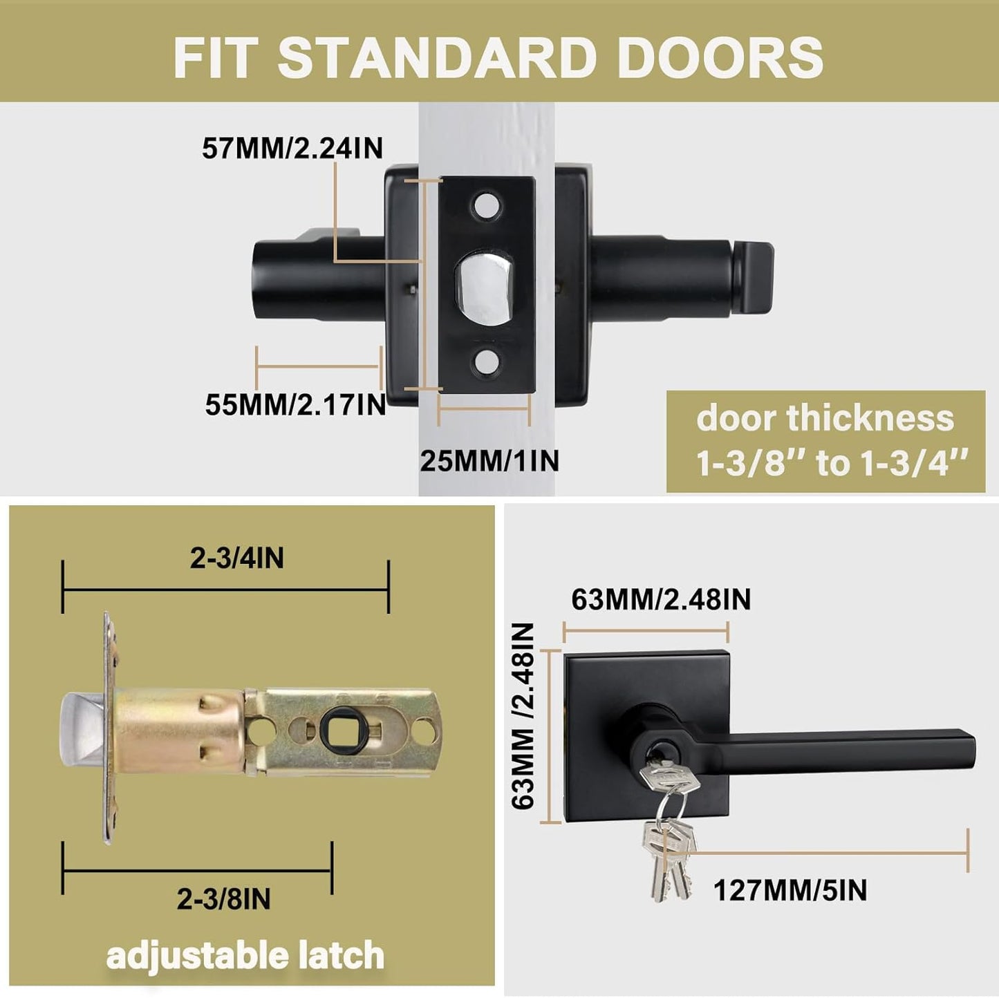 Keyed Entry Door Lever with Lock, Heavy Duty Square Interior Handle for Front Door and Office, Matte Black, Reversible for Right&Left Handed, 4Packs