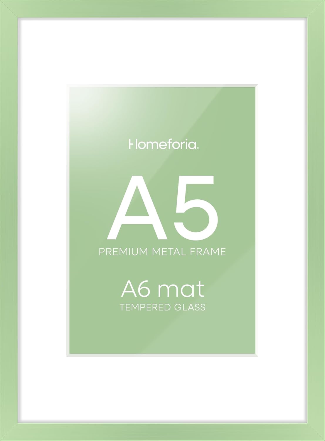 Homeforia A5 Sage Green Frame, High End Metal 5.8 x 8.3 Picture Frames Matted to 4.1 by 5.8 inch Art, A5 Display Photo Frame with Mat A6, 5.8x8.3 Green Poster Frames, Tempered Glass, Wall Kit, Set of 1