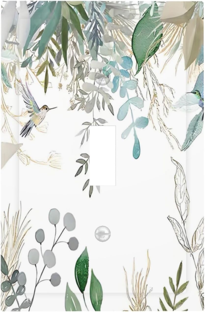 Green Tropical Palm Leaves Flower Plants Hummingbird Decorative Light Switch Cover 1 Gang Single Toggle Device Electrical Faceplate Switchplates Decorator Outlet Wall Plate for Bed Room Living Room