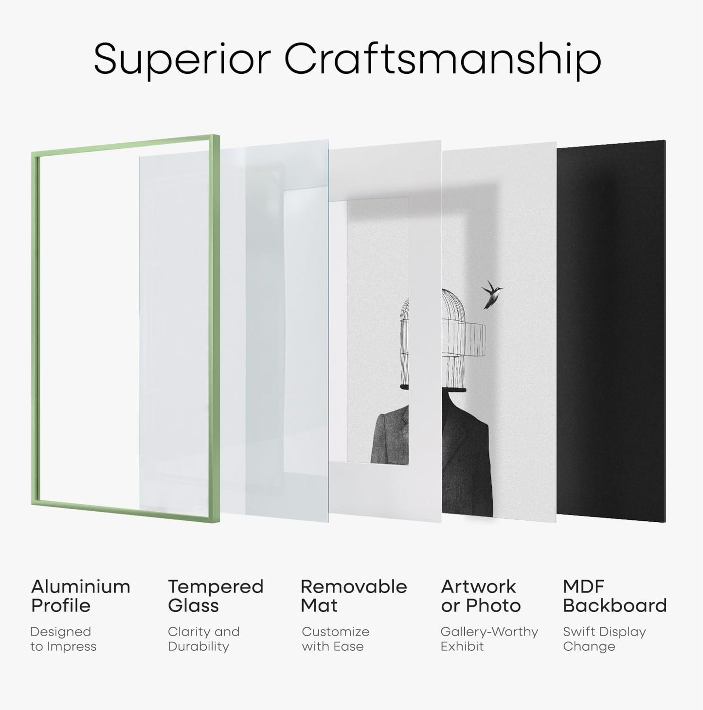 Homeforia A5 Sage Green Frame, High End Metal 5.8 x 8.3 Picture Frames Matted to 4.1 by 5.8 inch Art, A5 Display Photo Frame with Mat A6, 5.8x8.3 Green Poster Frames, Tempered Glass, Wall Kit, Set of 1