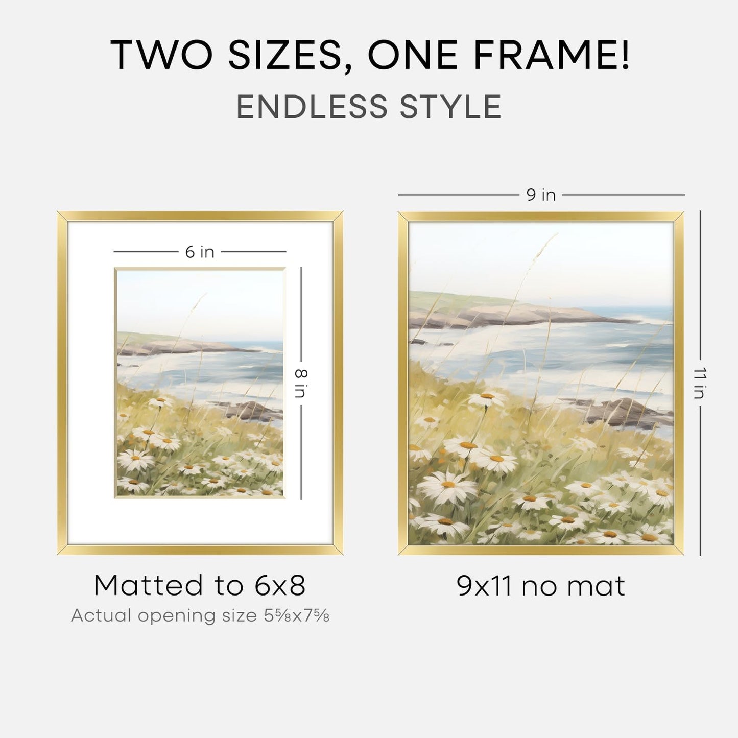 Homeforia 9x11 Gold Frame, High End Metal 9 x 11 Picture Frames with Mat 6 by 8 inch Photo, 9by11 Thin Poster Frame Matted to 6x8 Print, 11x9 Wall or Tabletop Frame, Tempered Glass, Wall Kit, Set of 1