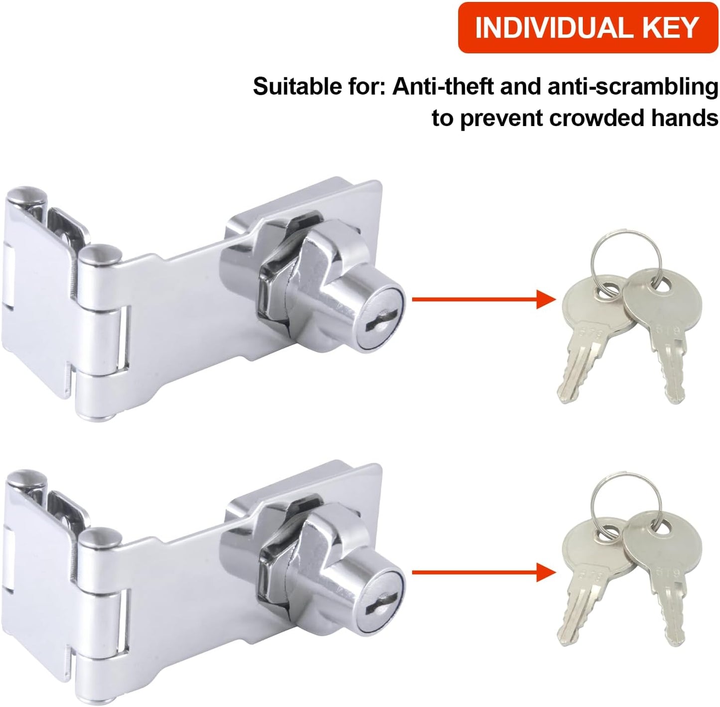 2 Pack Door Lock Hasp Latchs, Collapsible Solid 304 Stainless Steel File Cabinet Lock Desk Drawer Lock, for 90 Degree and 180 Degree Drawers, Dabinets, Doors, Flip Barn Door (Individual Key)