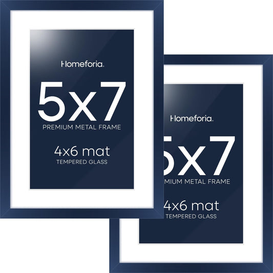 Homeforia 5x7 Picture Frame Navy Blue, High End Metal 5 x 7 Frames with Mat 4 x 6 for Print, 5by7 Desk Frame Matted to 4x6 inch Photo, 5 by 7 Wall or Tabletop Frame, Tempered Glass, Wall Kit, Set of 2