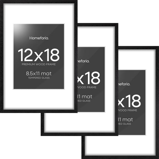 Homeforia 12x18 Frame Black Wood, High End Oak 12x18 Picture Frames with Mat 8.5x11 Photo, 12 x 18 Wooden Poster Frame Matted to 8.5 x 11 Print, 18x12 Hanging Frame, Tempered Glass, Wall Kit, Set of 3