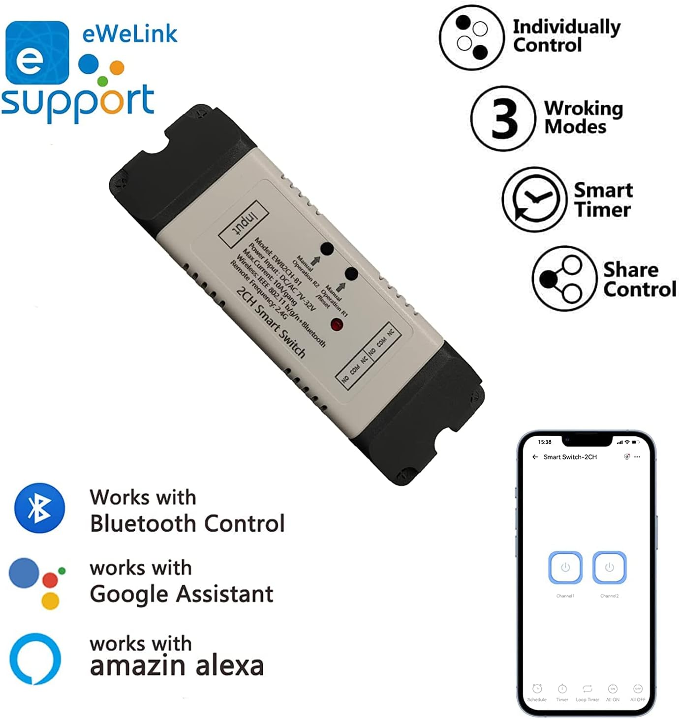 2 Channel EWelink Wireless Switch with Enclosure WiFi Switch Module Remote Control DIY Smart Home Bluetooth Relay 7-32V Power Input Compatible with Alexa Google Home