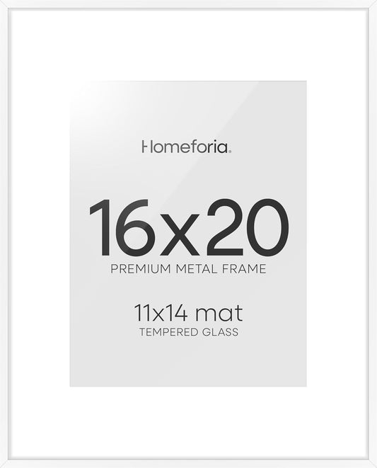Homeforia 16 x 20 Picture Frame White, High End Metal 11x14 Matted for 16x20 Frame, 16 x 20 White Poster Frame with Mat 11 x 14 inch Photo, 20x16 Thin Hanging Frame, Tempered Glass, Wall Kit, Set of 1