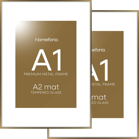 Homeforia A1 Poster Frame Bronze, High End Metal 23.4 x 33.1 inch Large Picture Frames with Mat for 16.5 x 23.4 Photo, A1 Size Brass Frame Matted to A2 Print, 23.4x33.1 Frame, Tempered Glass, Set of 2