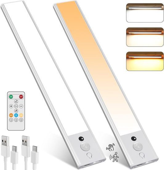 2 Pack 30CM Under Cabinet Lights [with Remote], 120 LEDs Motion Sensor Light, 3 Color Temps Dimmable & Timable, Rechargeable Closet Lights for Cabinet, Closet, Kitchen, Hallway, Stairs