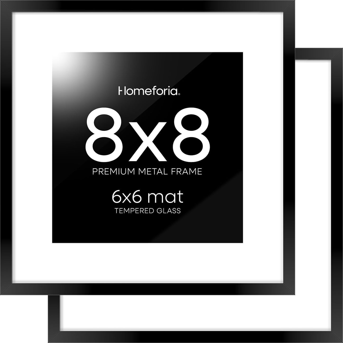 Homeforia 8x8 Black Picture Frame, High End Metal 8 x 8 Square Photo Frames with Mat 6 by 6, 8x8 Poster Frame Matted to 6x6 inch Print, 8by8 Wall or Tabletop Frames, Tempered Glass, Wall Kit, Set of 2