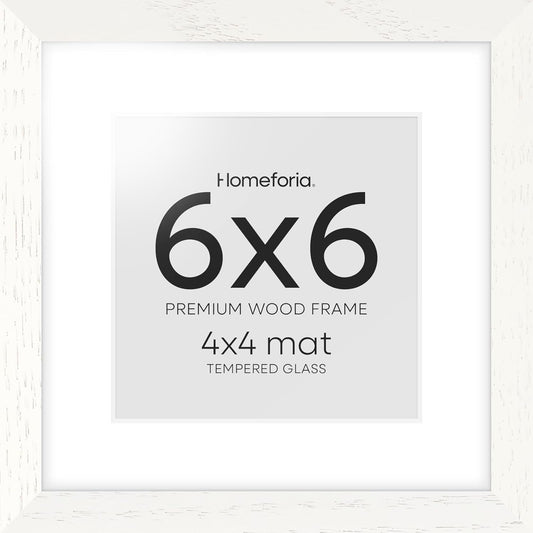 Homeforia 6x6 Picture Frames White, High-End Oak 6 x 6 Square Wood Frame with Mat 4 by 4 inch Photo, 6x6 Wooden Frame Matted to 4x4 Art, 6by6 Wall or Tabletop Frames, Tempered Glass, Wall Kit, Set of 1