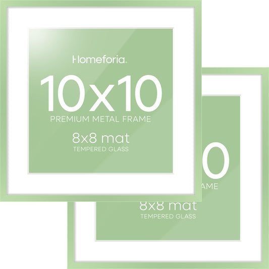 Homeforia 10x10 Picture Frame Sage Green, High End Metal 10 by 10 Square Frames with Mat 8 x 8 Photo, 10by10 Poster Frame Matted to 8x8 Art, Wall or Tabletop Frames, Tempered Glass, Wall Kit, Set of 2