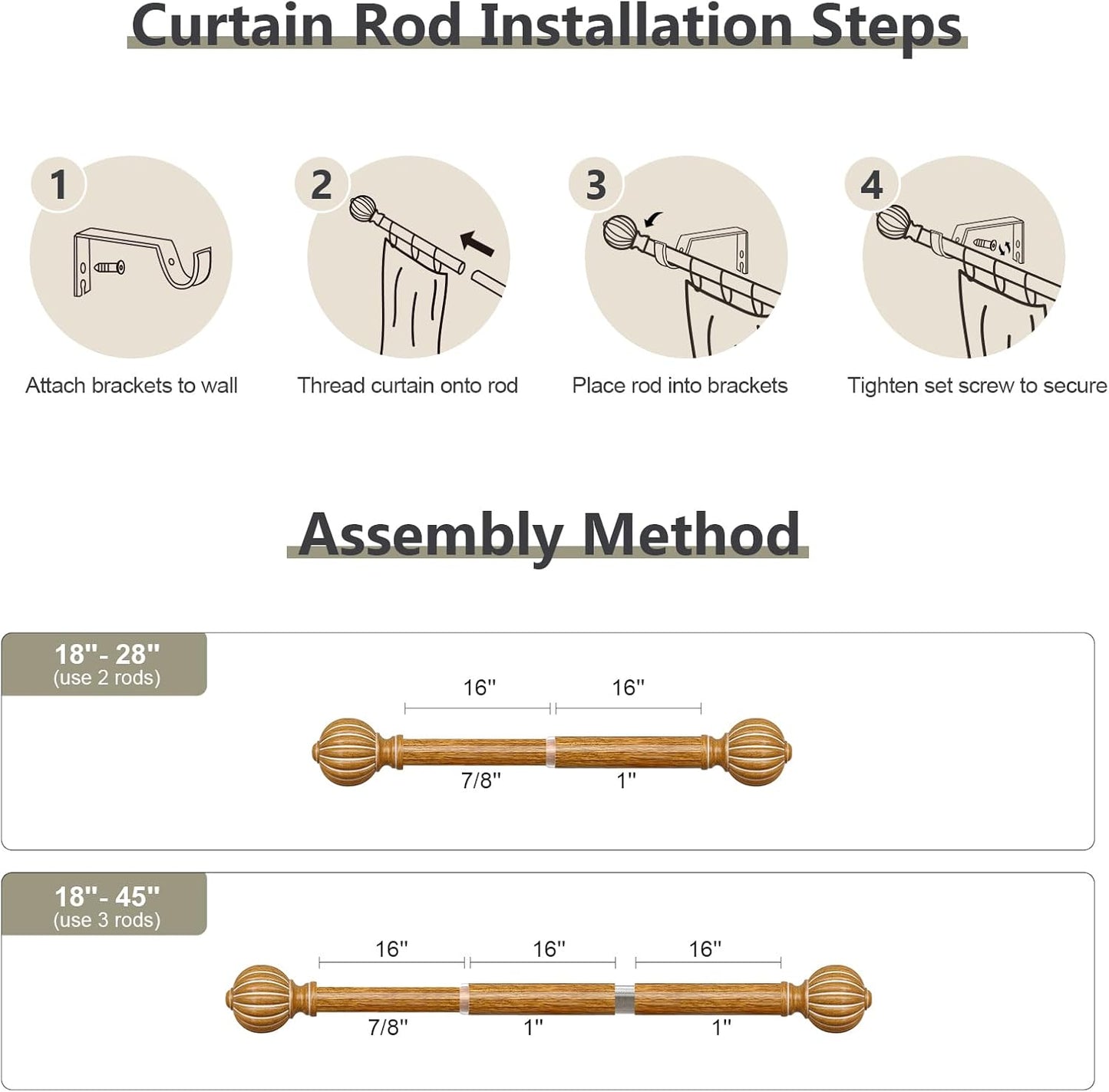 2 Pack Imitation Wood Curtain Rods for Windows 48 to 84 Inch, 1'' Adjustable Heavy Duty Decorative Drapery Rods with Classic Finials, Dark Imitation Wood Window Curtain Pole, Size 36-88''