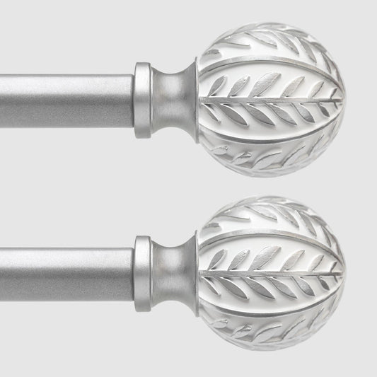 2 Pack Silver Curtain Rods for Windows 28 to 48 inch,1" Adjustable Heavy Duty Window Curtain Rod with Leaf Finials,Rustic Decorative Drapery Rods Set,Size:18-60''