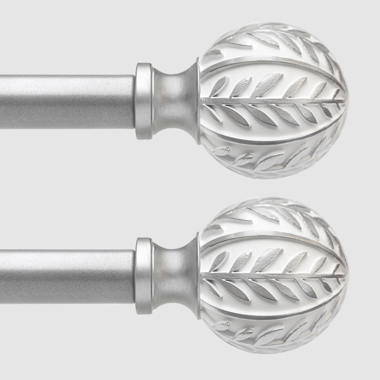 2 Pack Silver Curtain Rods for Windows 48 to 84 inch,1" Adjustable Heavy Duty Window Curtain Rod with Leaf Finials,Rustic Decorative Drapery Rods Set,Size:36-88''