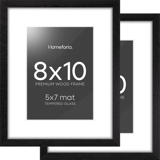 Homeforia 8x10 Picture Frame Black Wood, High End Oak 8 x 10 Wooden Frames with Mat 5 by 7 Print, 8x10 Frame Matted to 5x7 inch Photo, 8by10 Wall or Tabletop Frames, Tempered Glass, Wall Kit, Set of 2