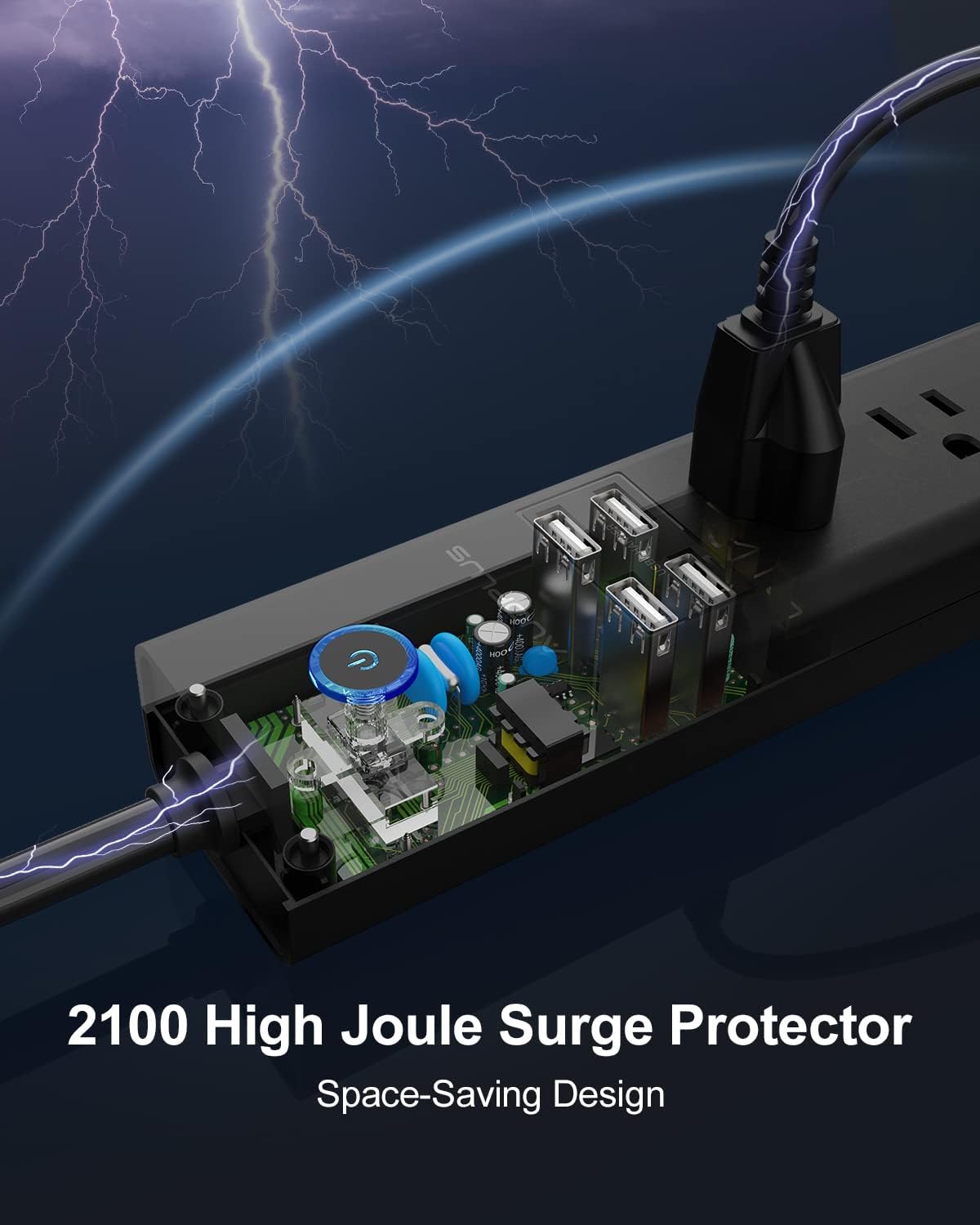 15 Ft Power Strip Surge Protector, 6 Outlets and 4 USB Ports, Flat Plug Power Strips Long Extension Cord with Overload Protection, Wall Mount for Home, Office, Dorm, ETL Listed
