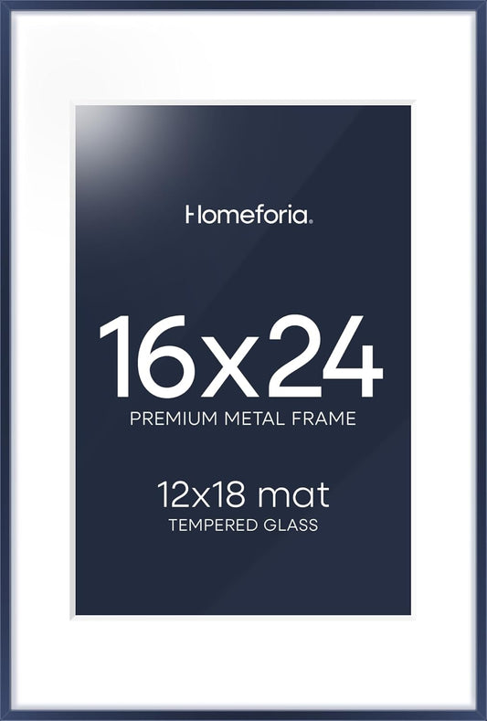 Homeforia 16x24 Navy Blue Picture Frame, High End Metal 16x24 Poster Frames with Mat 12x18 inch Photo, 16 x 24 Navy Blue Frame Matted to 12 by 18 Print, 24x16 Frame, Tempered Glass, Wall Kit, Set of 1