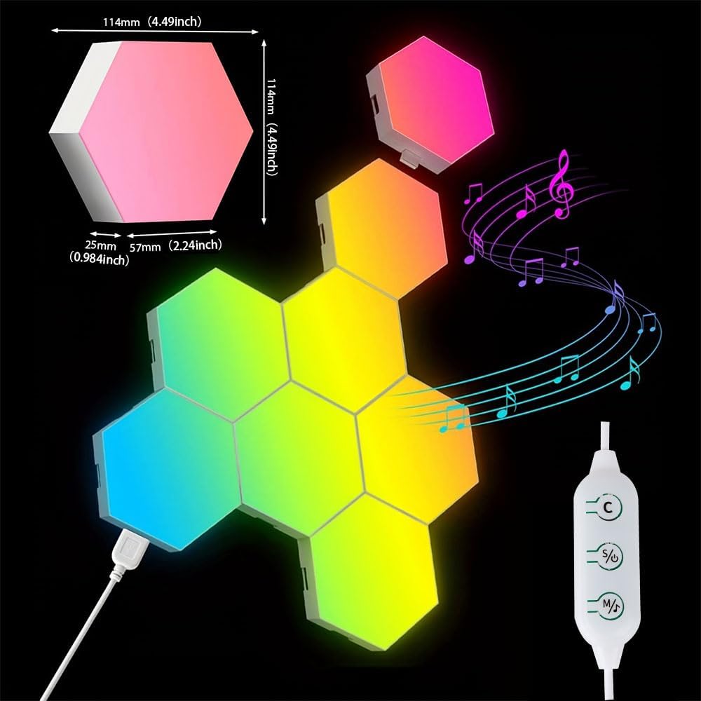 Hexagon LED Wall Light Panels: Smart RGB Color-Changing Hexagon Lights with App & Remote Control, Music Sync Mode, DIY Wall Decor for Bedroom, Gaming Room, Home Theater (6)